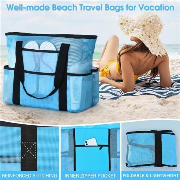 Beach Bags for Women, Mesh Beach Bag for Women Swim Pool Bag Beach Tote Bag - Picture 4 of 7